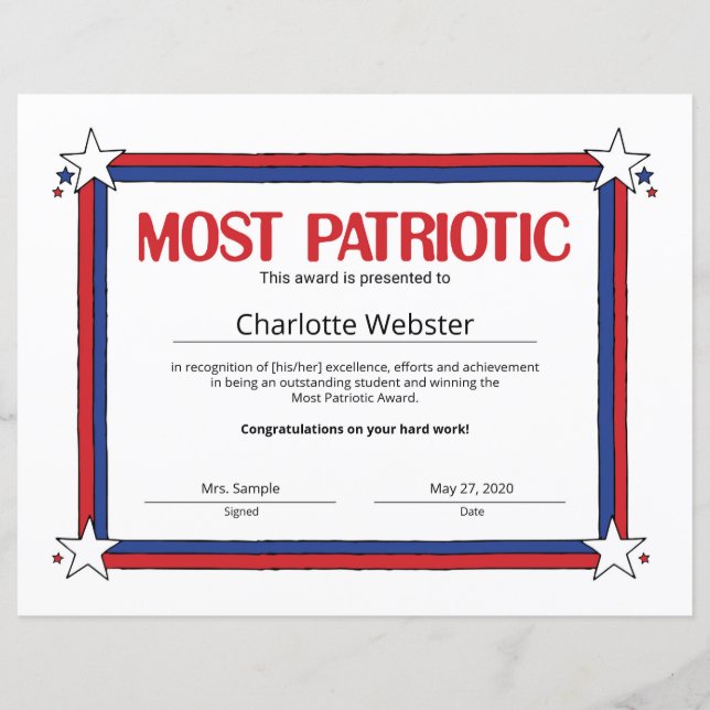 Most Patriotic Student Recognition Certificates (Front)