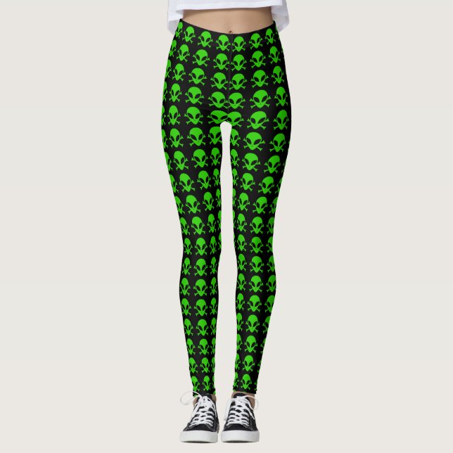 Most Popular Green Alien Crossbones Symbol Pattern Leggings (Front)