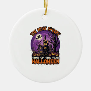 Most Spooky Halloween Haunted House Witch Pumpkins Ceramic Ornament