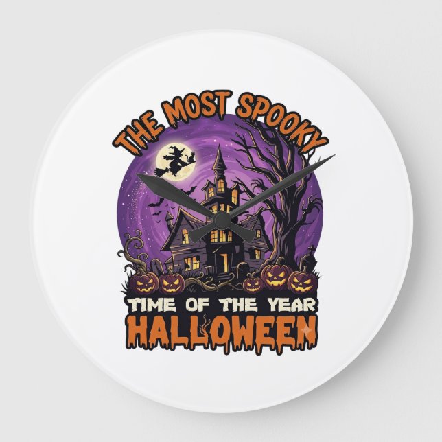 Most Spooky Halloween Haunted House Witch Pumpkins Large Clock (Front)