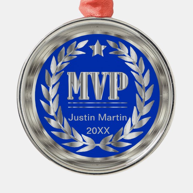 Most Valuable Player Silver and Blue Medal Award Metal Ornament (Front)