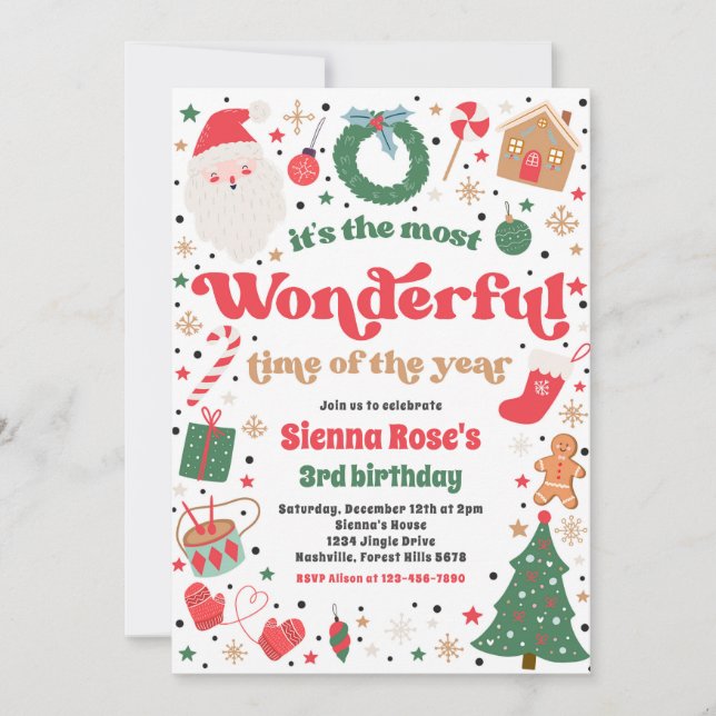 Most Wonderful Pink Christmas Birthday Party Invitation (Front)