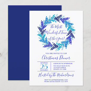 Most Wonderful Time Blue Wreath Christmas Party Invitation