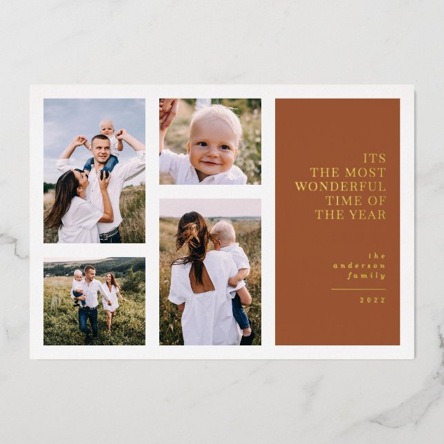 Most wonderful time christmas multi photo  announc foil holiday card (Front)