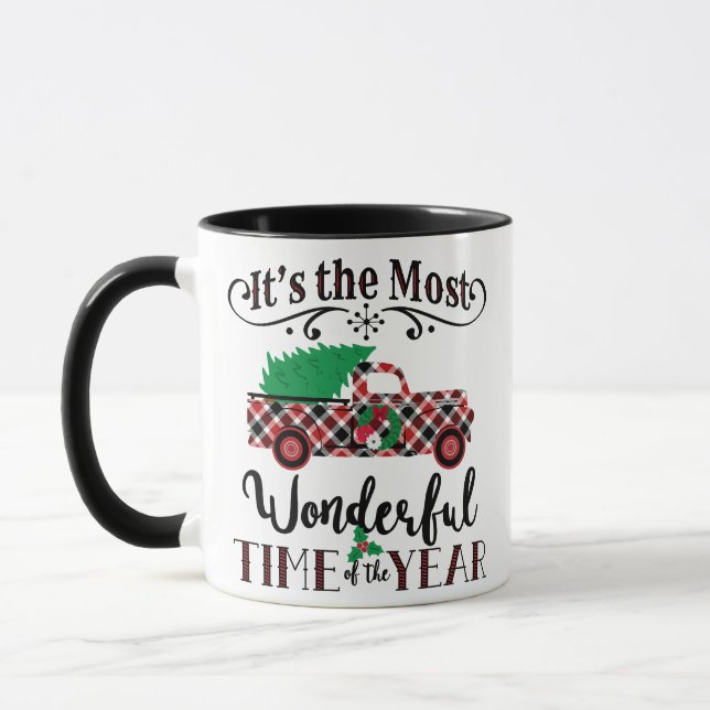 Most Wonderful Time Christmas Plaid Truck Mug (Left)