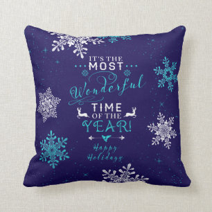Most Wonderful Time Navy Turquoise Christmas Throw Pillow