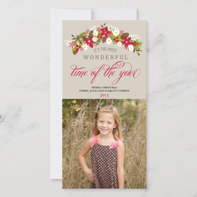 Most Wonderful Time of the Year Floral Wreath Holiday Card (Front)