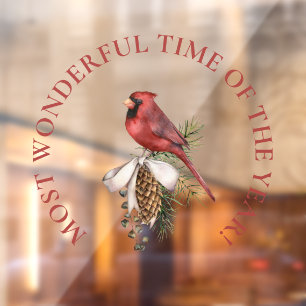 Most Wonderful Time, Red Cardinal Christmas Window Cling