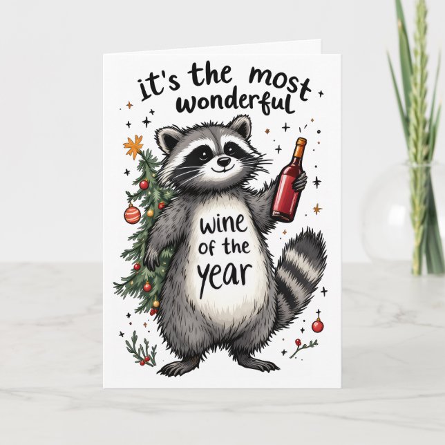 Most Wonderful Wine of the Year Raccoon  Holiday Card (Front)