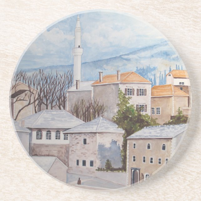 Mostar, Bosnia - Acrylic Townscape Painting Coaster (Front)