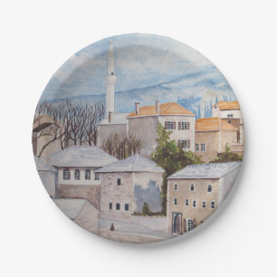 Mostar, Bosnia - Acrylic Townscape Painting Paper Plate