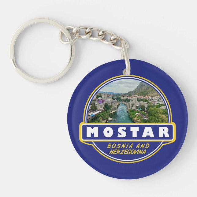 Mostar Bosnia and Herzegovina Travel Art Emblem Keychain (Front)