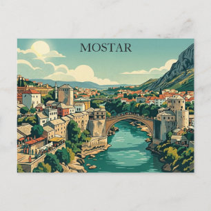 Mostar Bosnia Old Bridge Stari Most Retro Travel Postcard