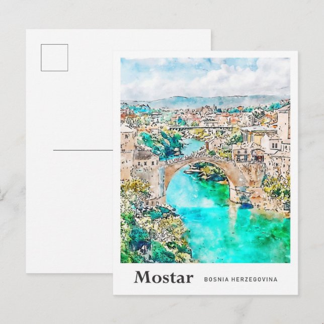 Mostar Bosnia Travel Watercolor Hand Drawn Postcard (Front/Back)
