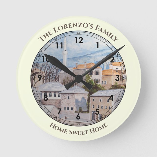 Mostar City Bosnia Acrylic Townscape Painting Round Clock (Front)