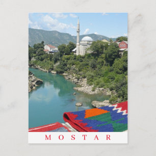 Mostar river and mosque view postcard