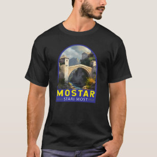 Mostar Stari Most Travel Oil Painting Art Vintage T-Shirt