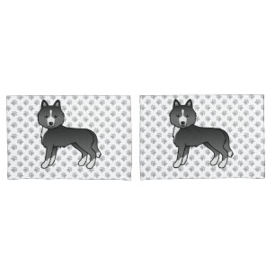 Mostly Black Siberian Husky Cartoon Dog And Paws Pillowcase