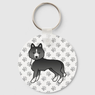 Mostly Black Siberian Husky Cartoon Dog & Paws Keychain
