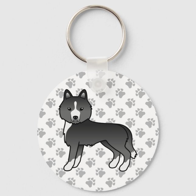 Mostly Black Siberian Husky Cartoon Dog & Paws Keychain (Front)