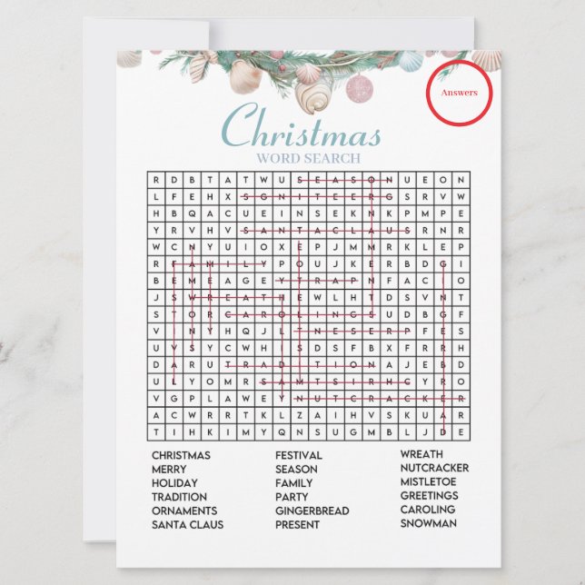 Mot de Noël côtier Recherche Réponse Carte de jeu (Devant)