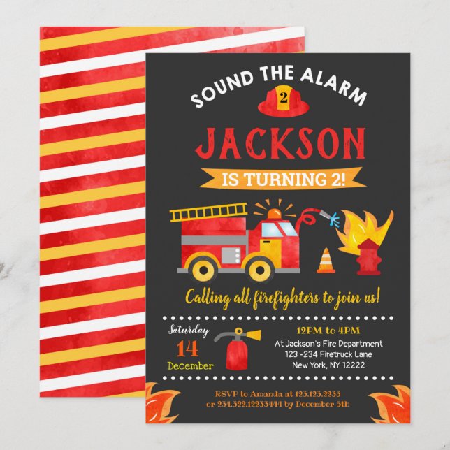 Moteur d'incendie Camion d'anniversaire Invitation (Devant / Derrière)
