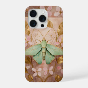 Moth and Golden Flowers Elegant Pink iPhone 15 Pro Case