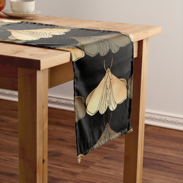 Moth in gold pattern short table runner (In Situ)