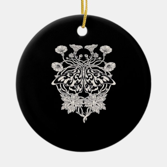 Moth Talisman - Whimsigoth Screenprint Style Drawi Ceramic Ornament (Front)