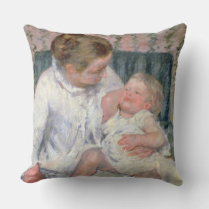 Mother about to Wash her Sleepy Child, 1880 (oil o Throw Pillow