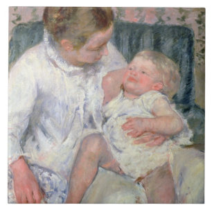 Mother about to Wash her Sleepy Child, 1880 (oil o Tile