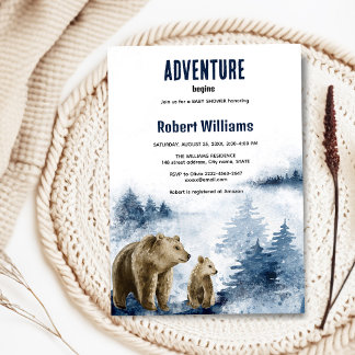 Mother and baby bear watercolor forest invitation 