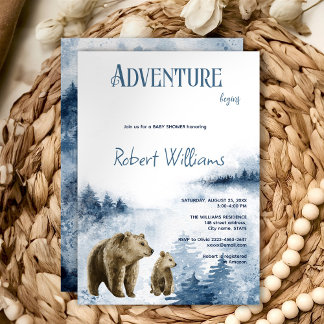 Mother and baby bear watercolor forest invitation