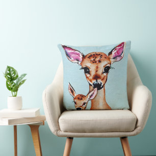 Mother And Baby Deer Watercolor Love Family Throw Pillow