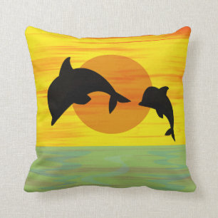 Mother and Baby Dolphin at Sunset Throw Pillow