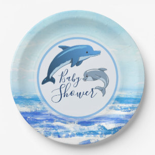 Mother and Baby Dolphin Ocean Baby Shower Paper Plate