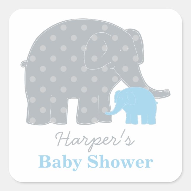 Mother and Baby Elephant Boy Shower Blue and Grey Square Sticker (Front)