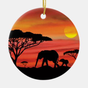 Mother and Baby Elephant in the Serengeti Ceramic Ornament