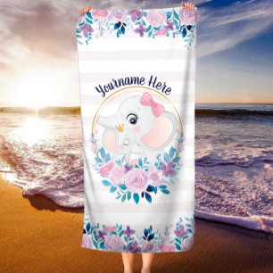 Mother and Baby Elephant Pink Blush Flower Wreath Beach Towel