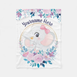Mother and Baby Elephant Pink Blush Flower Wreath Fleece Blanket