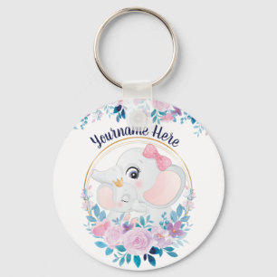 Mother and Baby Elephant Pink Blush Flower Wreath Keychain