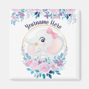 Mother and Baby Elephant Pink Blush Flower Wreath Magnet
