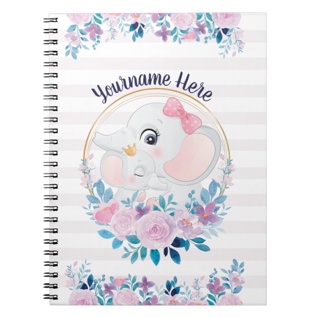 Mother and Baby Elephant Pink Blush Flower Wreath Notebook (Front)