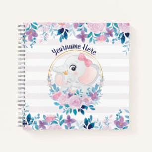 Mother and Baby Elephant Pink Blush Flower Wreath Notebook