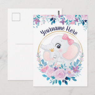 Mother and Baby Elephant Pink Blush Flower Wreath Postcard