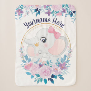 Mother and Baby Elephant Pink Blush Flower Wreath Sherpa Blanket