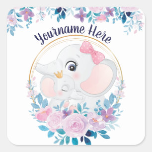 Mother and Baby Elephant Pink Blush Flower Wreath Square Sticker