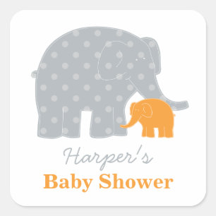 Mother and Baby Elephant Shower Orange and Grey Square Sticker