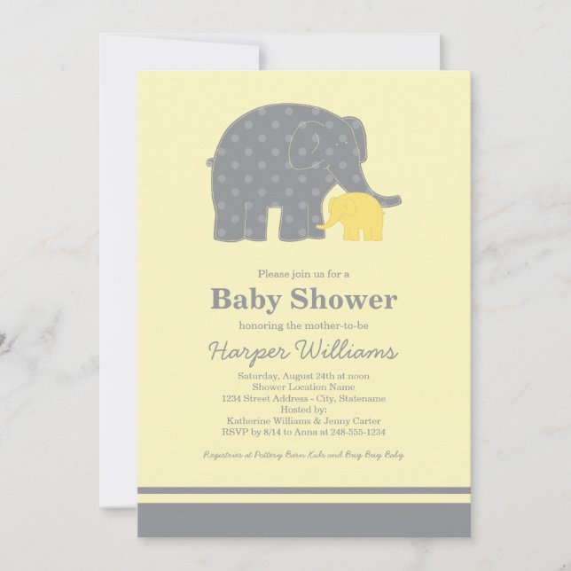 Mother and Baby Elephant Shower Yellow and Grey Invitation (Front)