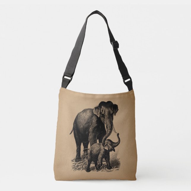 Mother and Baby Elephant Vintage Art Crossbody Bag (Front)